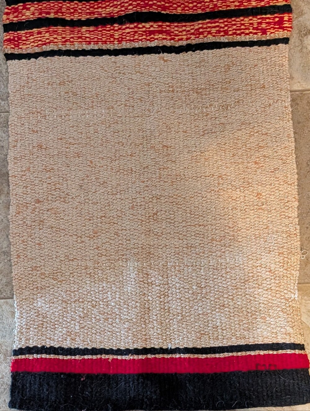 Neutral Cream Woven Accent Rug with Red & Black Trim With Gold Flecks